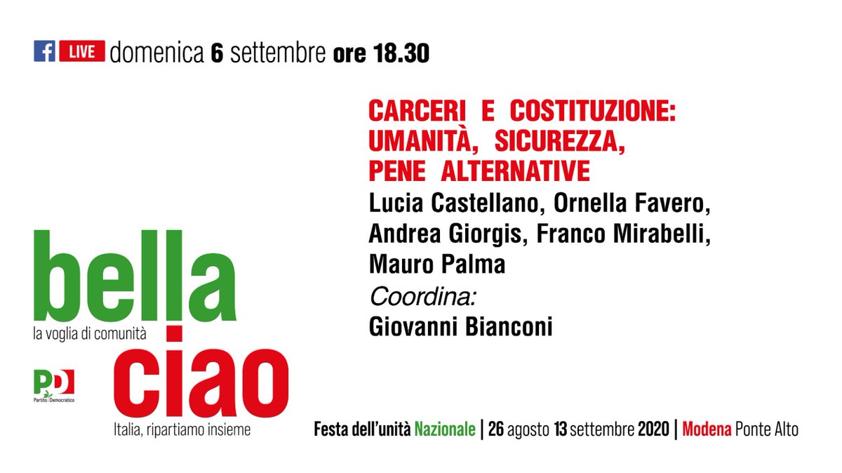 pdnetwork's tweet photo. In diretta dalla Festa nazionale dell'Unità "Carceri e Costituzione: umanità, sicurezza, pene alternative", dibattito con Lucia Castellano, Ornella Favero, Andrea Giorgis, Franco Mirabelli, Mauro Palma
Seguila su Facebook -> https://t.co/L34PhsxZqo https://t.co/4OdAX5hmDc