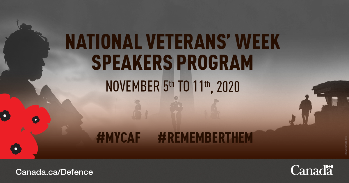 CanadianForces's tweet photo. Let’s connect this Veteran’s Week — even if we’re apart.
The National Veteran’s Week Speakers Program is going virtual this year!
We’re developing a video series so Canadians of all ages can hear incredible stories from our #CAF members. 
https://t.co/10V489UOUu
#CanadaRemembers https://t.co/YblBsUeJAF