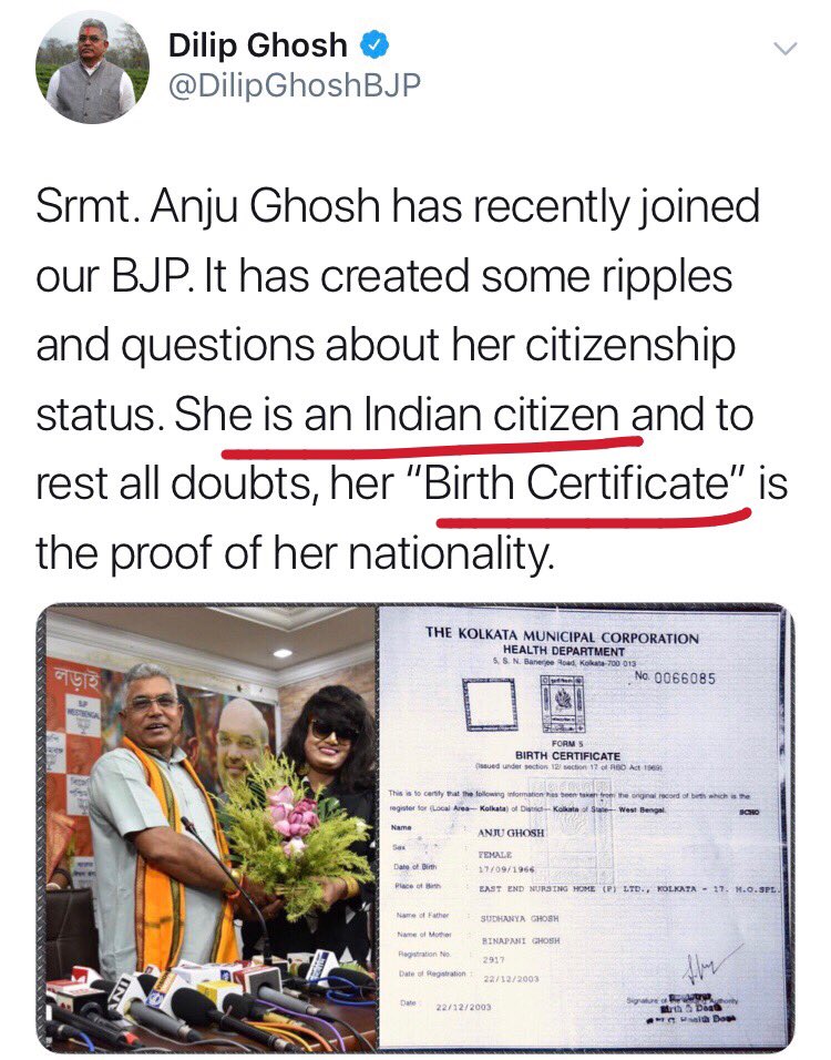 Rasode ka Factchecker  @zoo_bear attacked BJP by calling Anju Ghosh a Bangladeshi.She is Indian citizen and proof of birth certificate also shared.But these people are 'Fighting Misinformation'