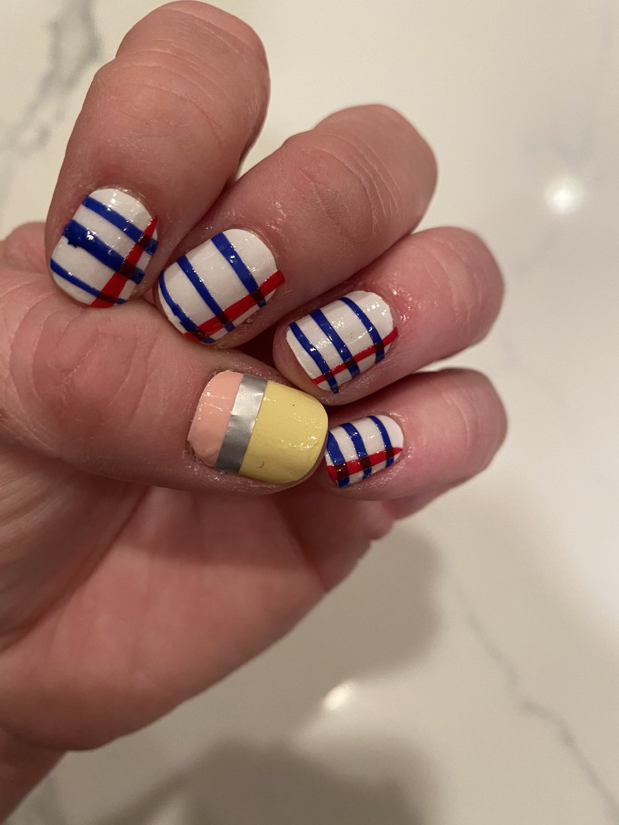 It was a labor of love, but my nails are back to school ready! I even used the silver tab from the end of a strip for the pencil!  #beColorful #beBrilliant #beColorStreet #BelgianButtercup #HimalayanSalt #SwissandTell #GreekingOut #BatonRougey #ClearasDay