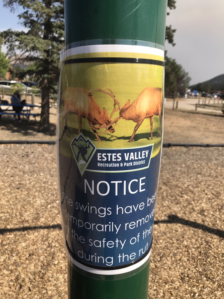 AshtonCBS's tweet photo. Swings at playgrounds in Estes Park have been removed for the rut. My 5 year old just doesn’t understand. #mountainproblems #mountainlife https://t.co/nkP8xmok0n