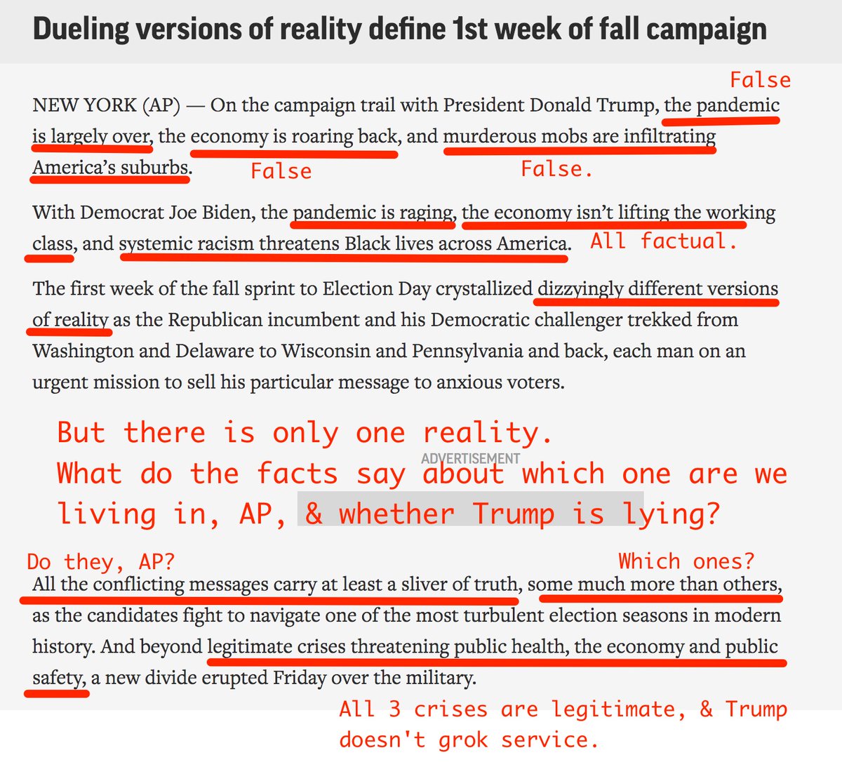 Ethical journalists seek truth & report it: https://www.spj.org/ethicscode.asp&nbsp;File the  @AP's attempt at balance in 2020 as a case study not just in false equivalence but unethically misleading readers about what the facts are. There is only 1 reality. https://apnews.com/780b2edfd25af18c0107ee382356194f
