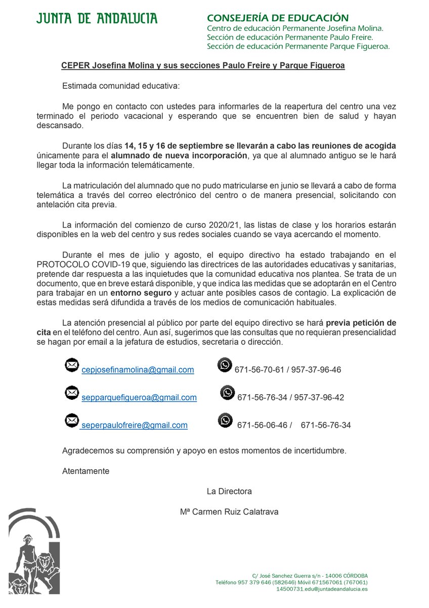 SepFigueroa's tweet photo. Carta de la directora del centro a la comunidad educativa con motivo del  inicio de curso escolar 2020-21 https://t.co/9nxZUIpWkj