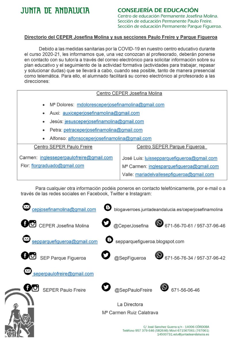 CeperJosefina's tweet photo. Para acceder a toda la información relacionada con el centro y tu plan educativo,además de conocer el correo electrónico de tu tutor o tutora, te dejamos el Directorio del CEPER y sus Secciones, esperando que te sea de gran utilidad tanto en la docencia presencial como telemática https://t.co/eLc4R7NW6E