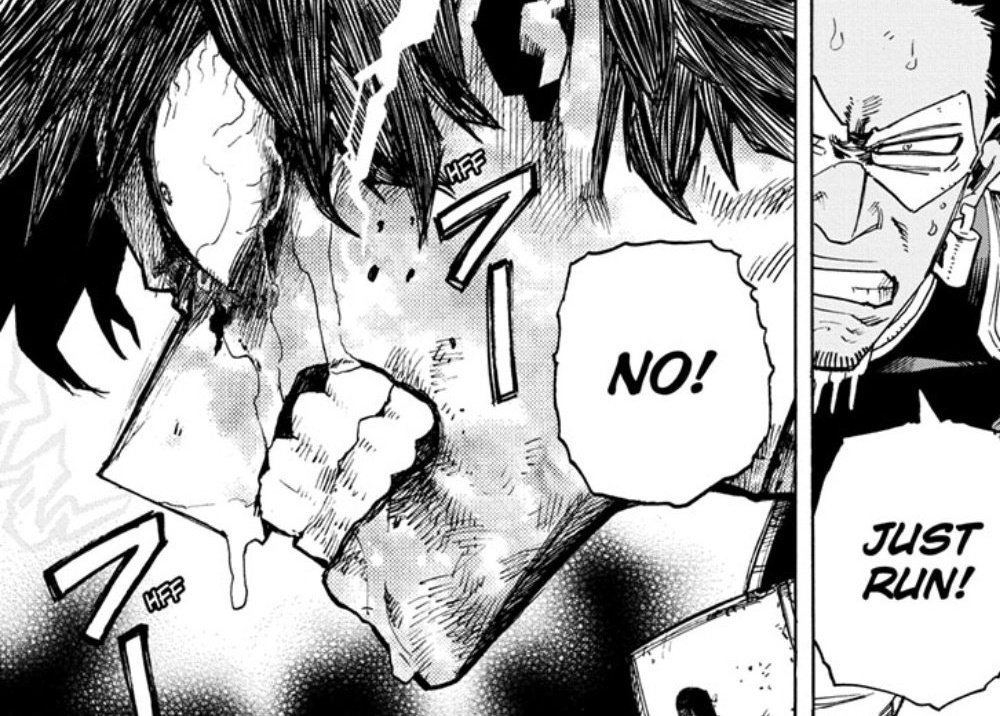 sasukws's tweet photo. deku never run away if its for the sake of protecting others. not back then when he's quirkless. and definitely not right now. https://t.co/A1OyksMwIJ