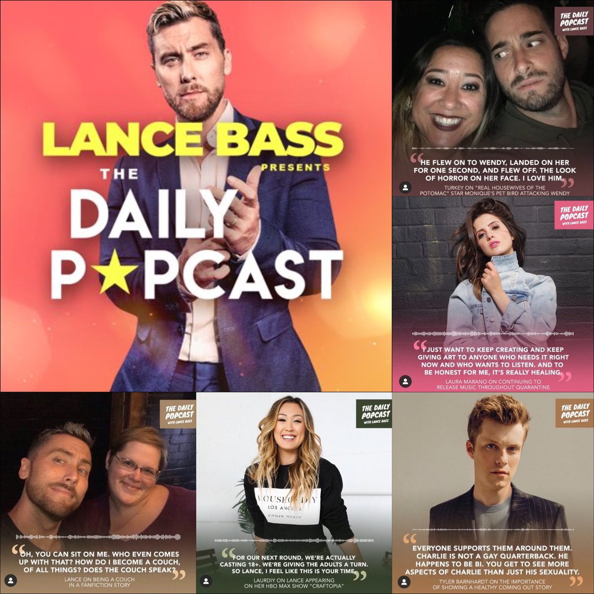LanceBassCntrl's tweet photo. Catch up on a great week @thedailypopcast with guests @laurDIY @lauramarano and @tyler_barnhardt! Listen on your favorite podcast platform plus don’t forget to rate, review and subscribe! #LanceBass @jesskeenerr @MichaelTurchin @LiseeD @cloud10podcasts https://t.co/wNb97LDoWk