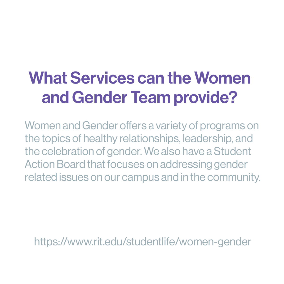RITStudentLife's tweet photo. Being an #RITTiger means sticking up for and supporting your peers, and making sure that everyones voice is heard. For more information on the Women and Gender team and the services they provide visit https://t.co/Uhus1wkjTH https://t.co/2T7RPWcNip