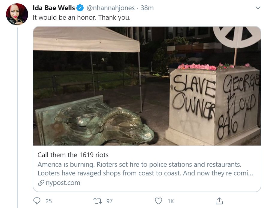 I said finally, but I forgot to add this: NHJ has said she would be honored to have the riots called the "1619 riots" (may have to click the photo to see her comment at the top)