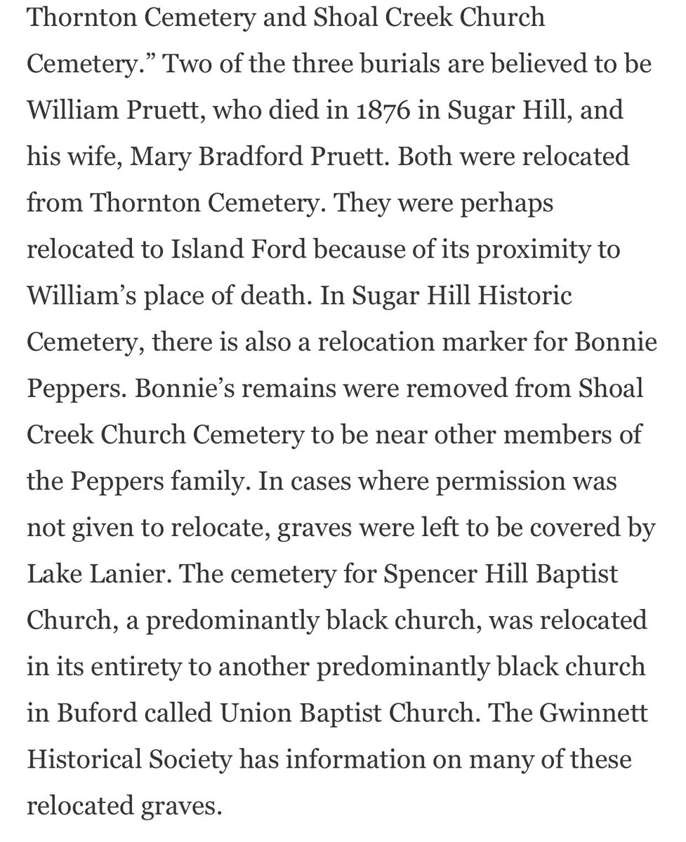 The Black people driven away from their land were not given the same opportunity, for the most part, for their family cemeteries. The wording is deliberate here. “Permission not given to relocate, graves were left to be covered by Lake Lanier.”