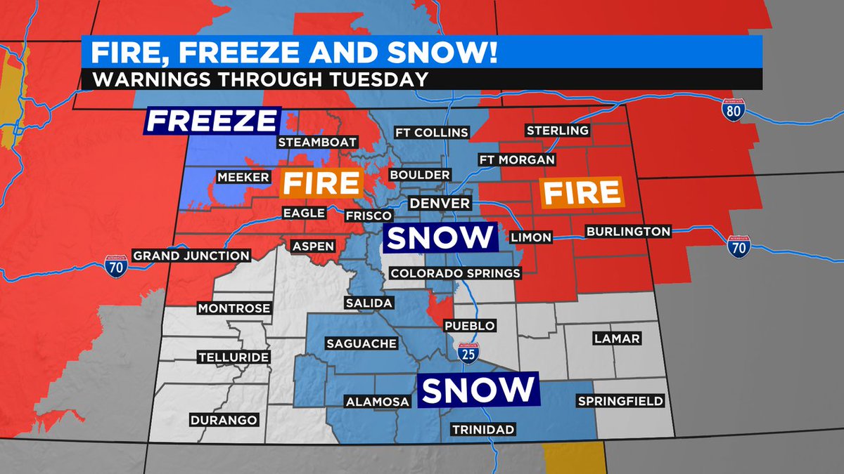 Dave Aguilera on Twitter: "Warnings for fire, freeze and snow over Colorado now thru Tuesday! #cowx #4wx @ChrisCBS4 @AshtonCBS4 @LaurenCBS4… "
