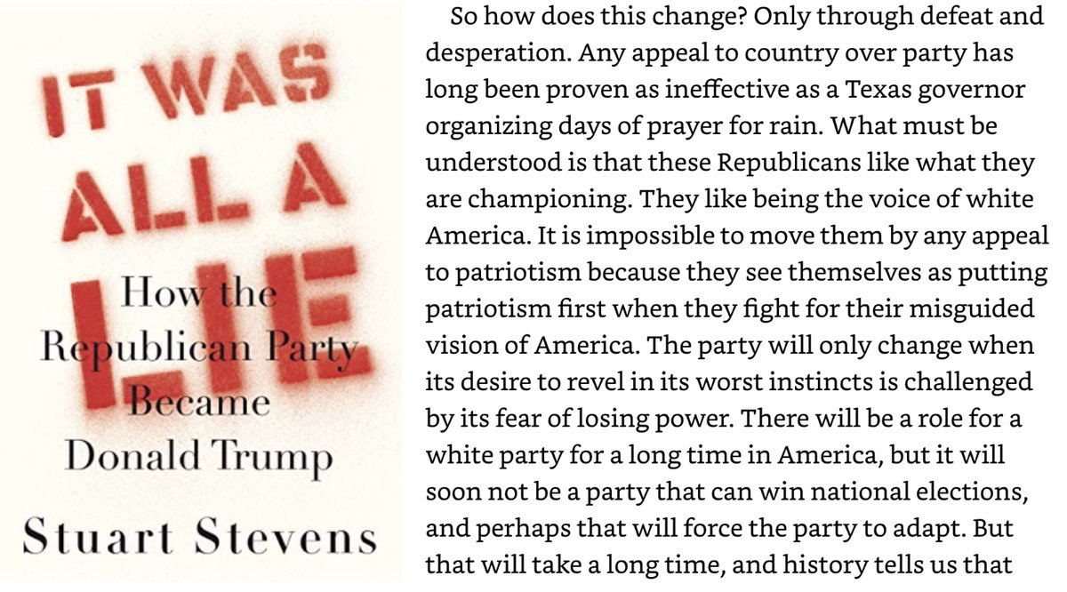 7/  @stuartpstevens, in his book, agrees. After showing how the current GOP is built on decades of lies, he saysProfessors Ziblatt and Levitsky, in How Democracies Die, argue that America needs what we might call a traditional conservative party.