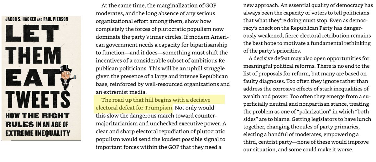 5/The conventional wisdom is that the GOP needs to be defeated soundly at the polls for it to regroup and change course.Yale political scientist  @Jacob_S_Hacker and Berkeley political scientist Paul Pierson say this: