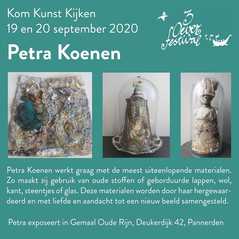 Kom Kunst Kijken bij Petra Koenen  tijdens de 3 Oever Atelier Route van het 3 Oever Festival. Zij exposeert 19 en 20 september in Gemaal Oude Rijn in Pannerden. #3oeverfestival #3oeveratelierroute #doesdelen #agendatip 3oeverfestival.nl