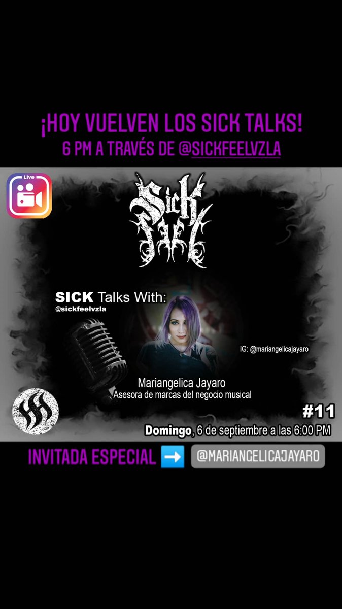 SickFeel's tweet photo. ¡HOY REGRESAN LOS SICK TALKS!🎙️
Regresamos con nuestras conversas Sick Talks a partir de las 6 PM #SickTalks 11
Estaremos teniendo una amena conversa junto a @MariJayaro
CONÉCTATE con nosotros a través del instagram @sickfeelvzla y comparte tus opiniones. https://t.co/Bdfug8I8yG