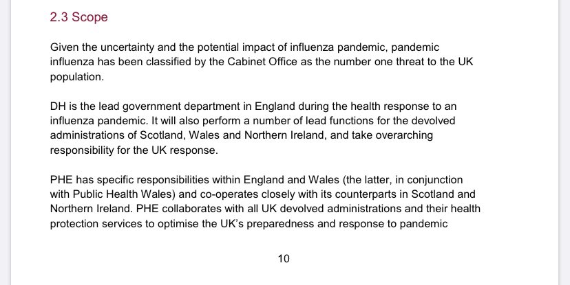4.1) As of 2014 pandemic influenza has been classified as the number one threat to the UK population