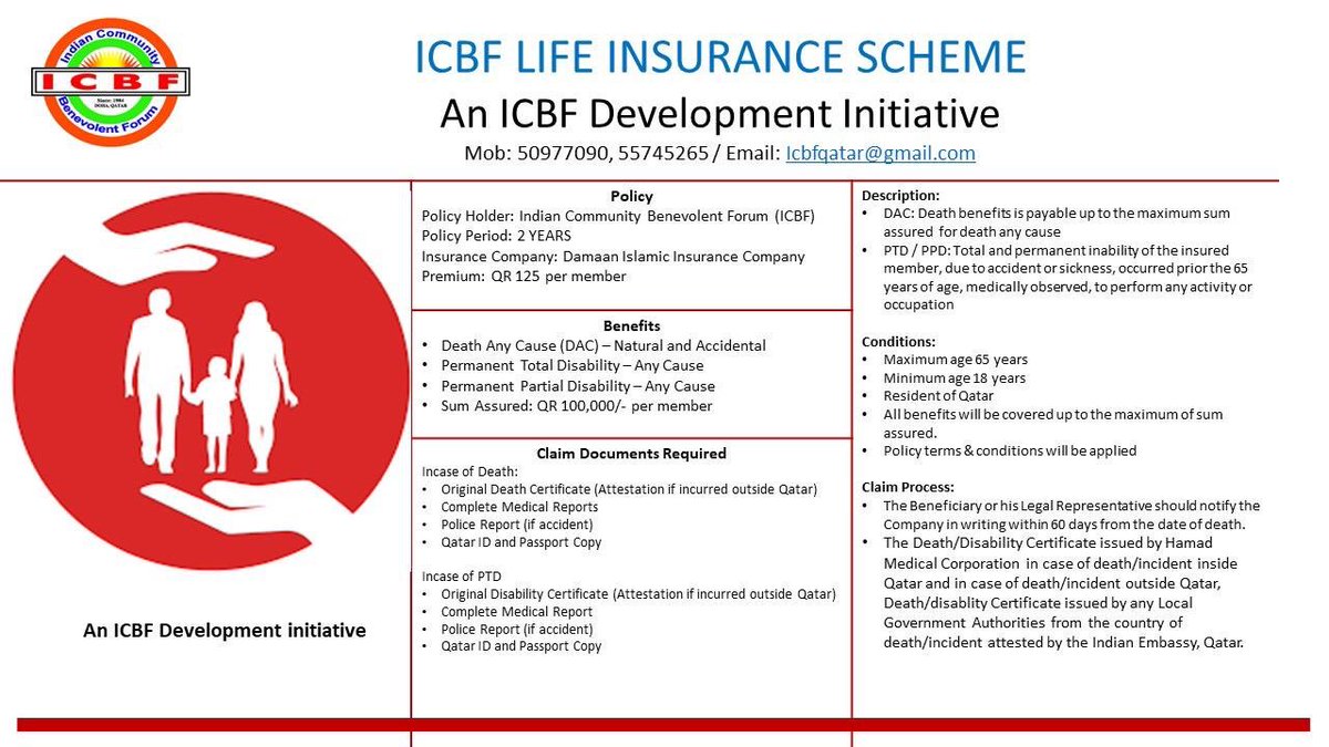 ICBF Life Insurance in association with Damaan Islamic Insurance Company (BEEMA) restarted 
Premium: Qrs. 125 for 2 years  Policy Limit: Qrs. 100,000 per person, 18 ~ 65 Years  
M: 55745265 / 50977090
“An ICBF initiative” 
#icbfqatar #teamicbf #ziadusman @d_mittal73 @ICBF_Qatar