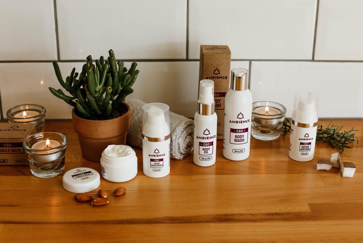 AmbienceCBD's tweet photo. Ambience Everyday is a simple collection of daily use skincare products delivering CBD that’s absorbed through the skin. 
Available as a body oil, lip balm, muscle balm, facial moisturiser, body wash and an intensive foot care moisturiser. Each contains 50mg of CBD. #cbd https://t.co/REG645f94Z
