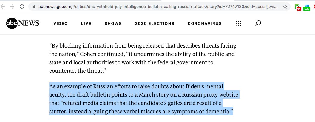 Looking at our archives we confirmed seeing something very similar 2 the draft bulletin titled “Russia Likely to Denigrate Health of US Candidates to Influence 2020 Election” from DHS analysts that was submitted to their public affairs office 4 review on July 7 but never released