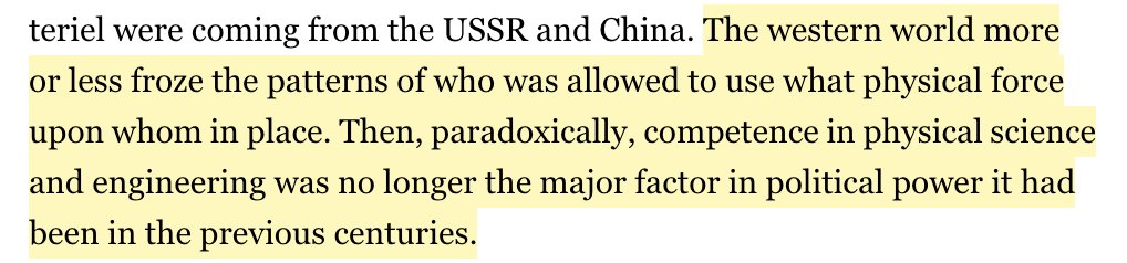 25/ More uncomfortable theories - mutually assured destruction and decreasing political violence decreased the importance of cutting-edge technology.