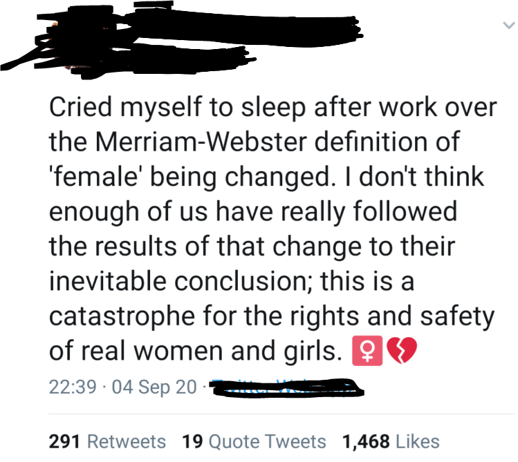  #TERF cries herself to sleep after reading the  @merriamwebster definition of "female."Thread: But, let's see if this definition is consistent with actualRADICAL FEMINISMand maybe we can understand why TERFs are neither radical nor feminist.