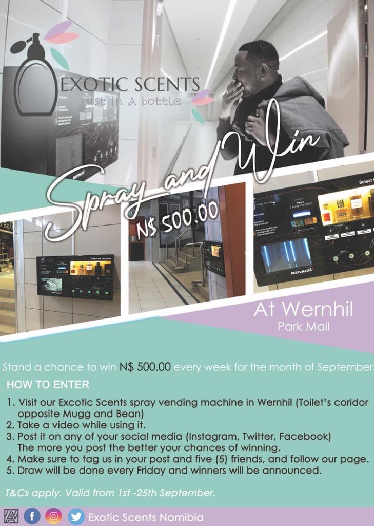 exoticscents_na's tweet photo. Spray and Win

WIN N$500.00 weekly during the month of September.

Visiting our Exotic Scents’ spray vending machine in Wernhil Park Mall. Do not miss this chance.

Claim your Confidence https://t.co/zRieabnot6