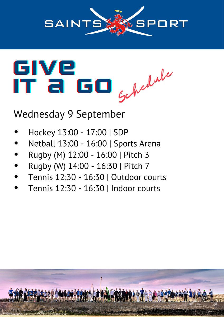 It's here: the Give it a Go schedule for Orientation Week 2020! Specially planned by our clubs with your safety in mind, these free sessions are a great opportunity to try something new. No booking needed, just come along! It's time to meet your team #GoSaints #evertoexcel