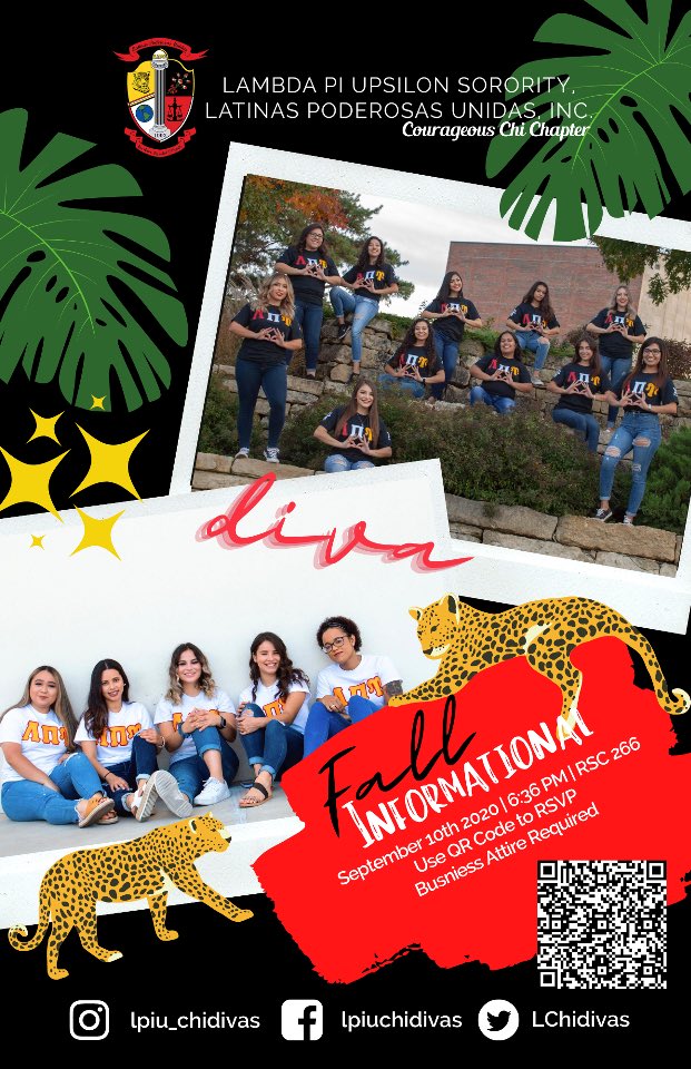 ✨Do you want to be EMPOWERED as a Lambda Diva? ✨🐆
The Courageous Chi Chapter would like to invite you to our fall informational 🤗
Mark your calendars on September 10th at 6:36 PM in RSC room 266 

*Business attire and masks are REQUIRED*