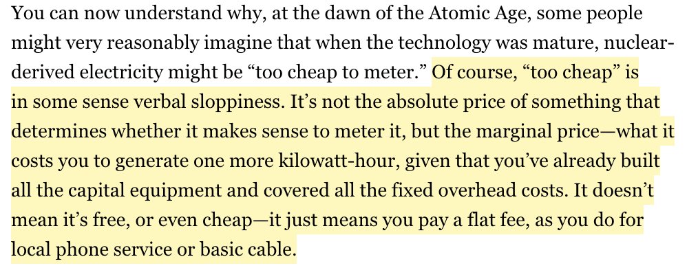 37/ A good point about nuance around the term “too cheap to meter” it means simply that a good has zero marginal cost, not that it’s free. Similar to how you still pay for internet access but you no longer worry about how many minutes you used your dial-up modem.