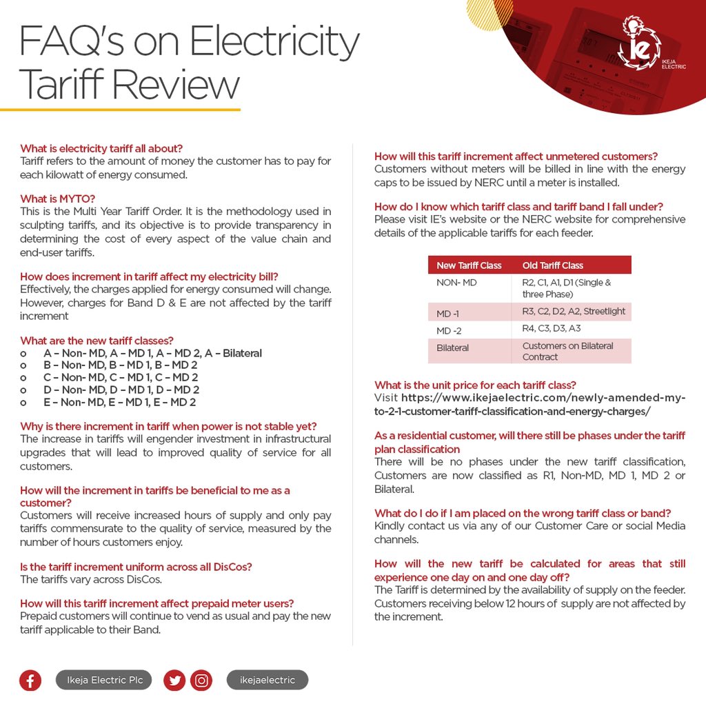 IkejaElectric's tweet photo. Got questions about the Service Reflective Tariff which took effect from 1st September 2020?

Here is a break down on what the new MYTO is all about, please read through to learn more. 

#IECares
#staysafe
#customerfirst https://t.co/bLNLSWjMGM