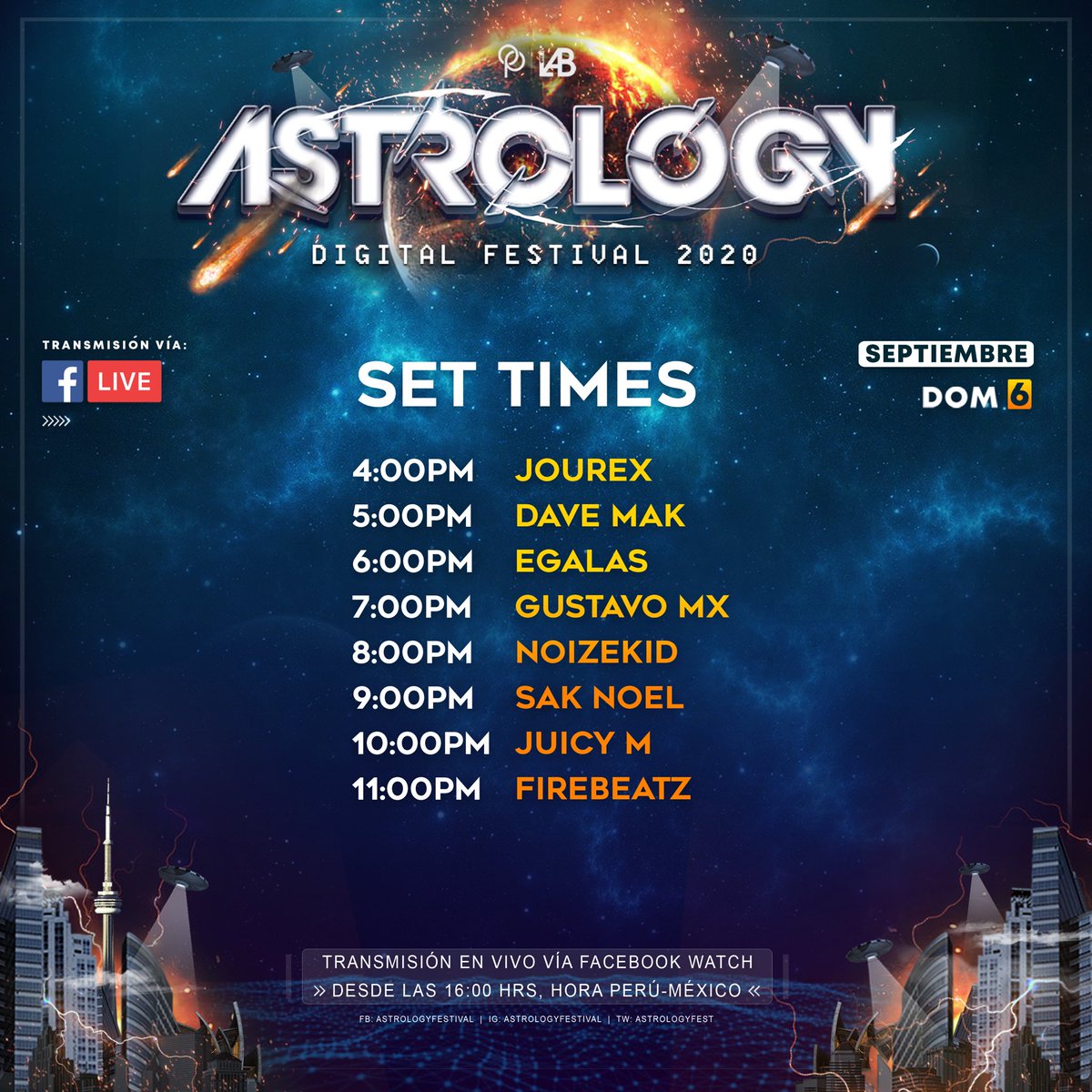 AstrologyFest's tweet photo. ¡Les presentamos el Set Time del día de hoy, domingo, de @AstrologyFest !🚀💥
.
¿A qué DJ esperan con ansias de ver el día de hoy? 🙌🏾🚀

Únete al evento: https://t.co/0Hk2oObmJt

Produce:
🌡 @LabTalents | @OperaEntmt 

#YoSoyAstrology https://t.co/48VEq3YjHD