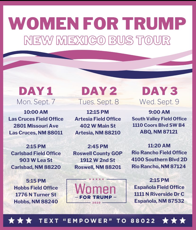 LeticiaMunozNM's tweet photo. 🚨 NM Patriots 🚨 Plan to attend and support the Bus Tour as it travels thru NM 👇🏼 https://t.co/FRUqm1bQov