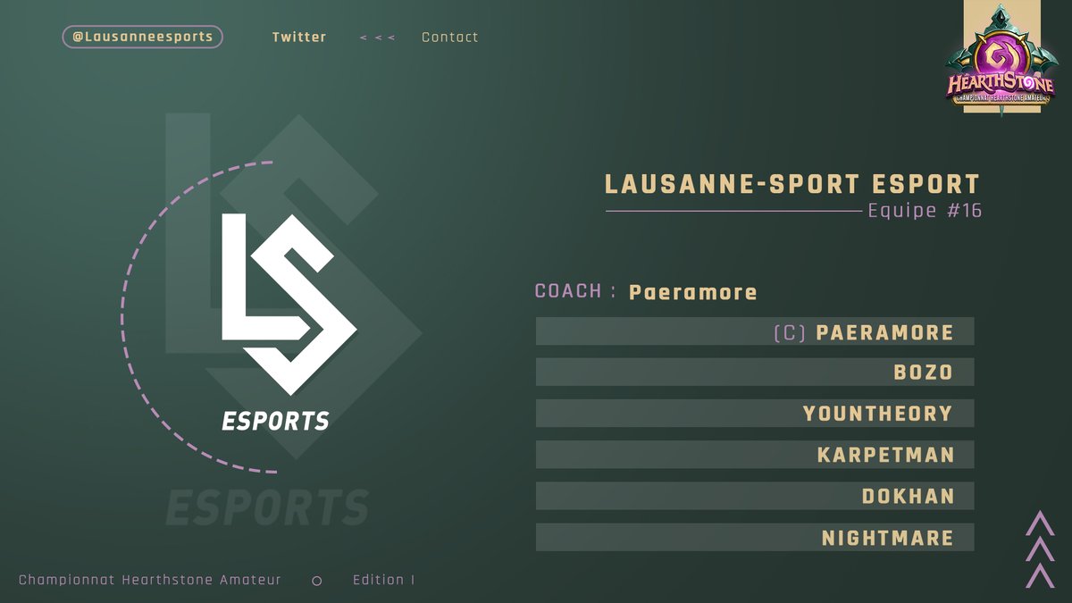 CHAmateur's tweet photo. [#Équipe]

Et voici un sérieux prétendant au titre avec la 16ème équipe de notre championnat ! Il s'agit du @lausanneesports !

C'est @Paeramore qui sera à la tête de cette équipe composée de @eLSBozo, @younTheory, @Karpet_Man, @Dokhan_eLS et @HS_Nightmare.

#BozosCircus 
#CHA https://t.co/yUKRf5SeA8