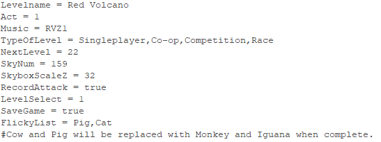 srb2archive's tweet photo. zones.pk3's SOC_HEAD text lump stores map header info. What they also store, though, are notes for unfinished flickies! Red Volcano is planned have monkeys and iguanas, and the free-roaming NiGHTS stages will feature 3D Blast's colored birdies once complete. https://t.co/UDE7KUdiaS