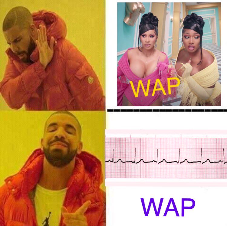 3 or more distinct P wave morphologies and a rate less than 100 is wandering atrial pacemaker (WAP) ... why, does it mean something else? #epeeps #cardiOnotcardiB #Memes