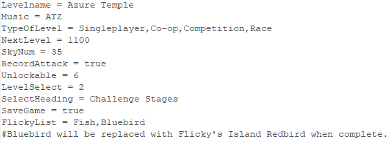srb2archive's tweet photo. zones.pk3's SOC_HEAD text lump stores map header info. What they also store, though, are notes for unfinished flickies! Red Volcano is planned have monkeys and iguanas, and the free-roaming NiGHTS stages will feature 3D Blast's colored birdies once complete. https://t.co/UDE7KUdiaS