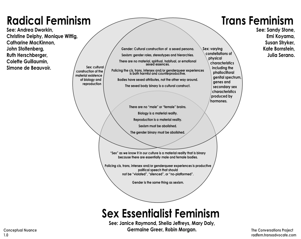 Here's a quick review of the similarities and differences between radical feminism, trans feminism, and the sex essentialism TERFs assert to be feminism.