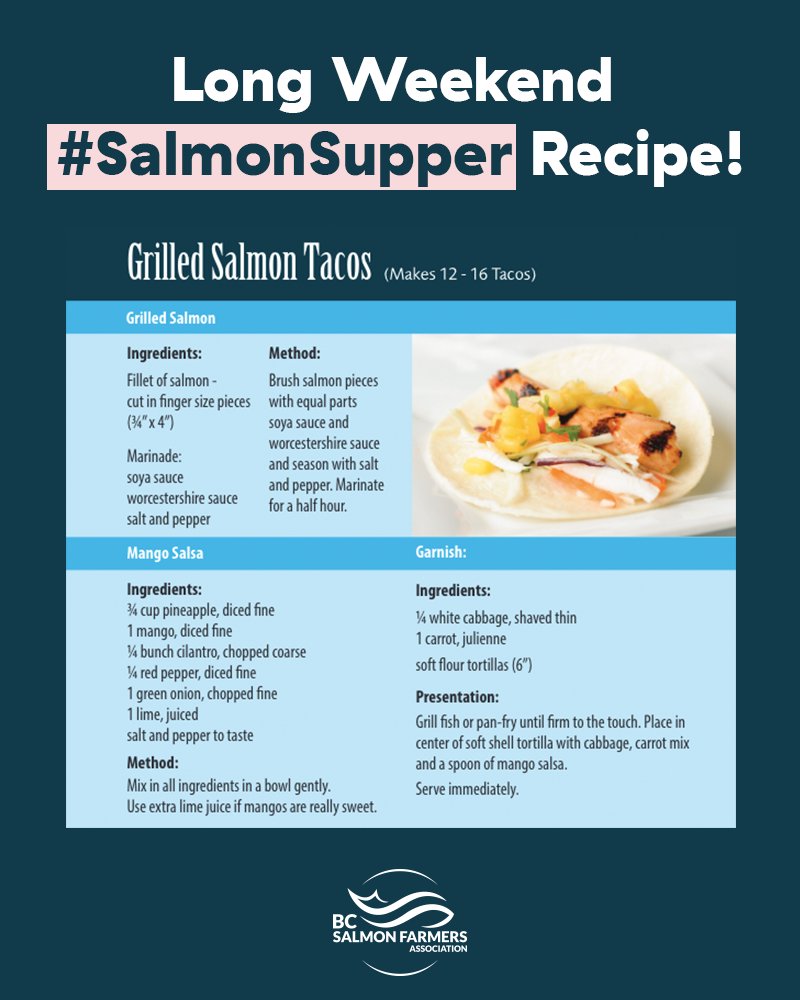 BCSalmonFarmers's tweet photo. We hope you're enjoying the long weekend!
Need an easy dinner idea? Try these quick, delicious and healthy grilled salmon tacos π€€
Check out the recipe below π
#grilledsalmontacos #labourdayweekend #longweekenddinnerideas #healthy #bcsfa #weheartlocalbc #seafoodproud https://t.co/CzTEZmobTT