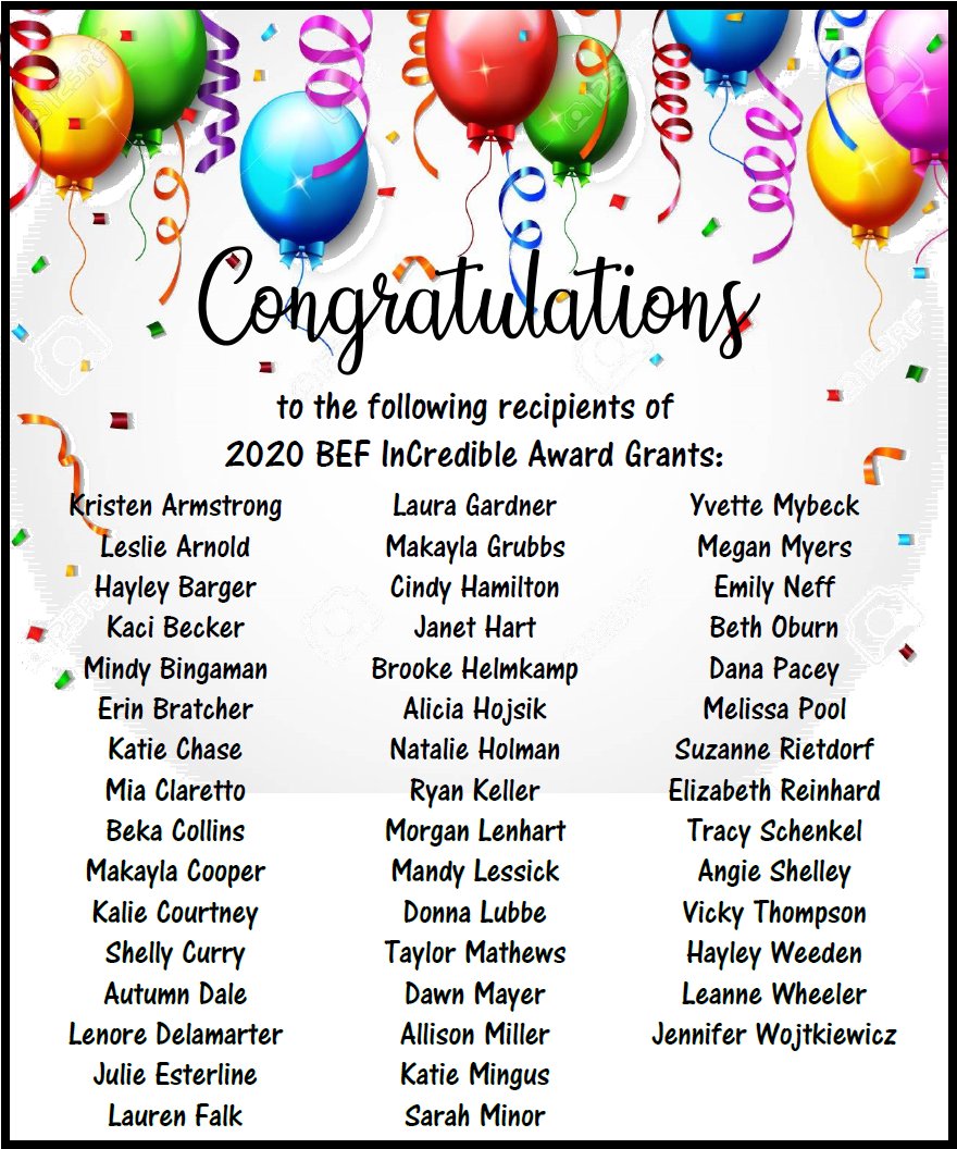 CONGRATULATIONS to the following <a href="/Brownsburg_CSC/">Brownsburg Schools</a> employees who were recipients of 2020 BEF InCredible Award grants! See our website for a complete list of grants and sponsors here:
bit.ly/2m8ZzIv