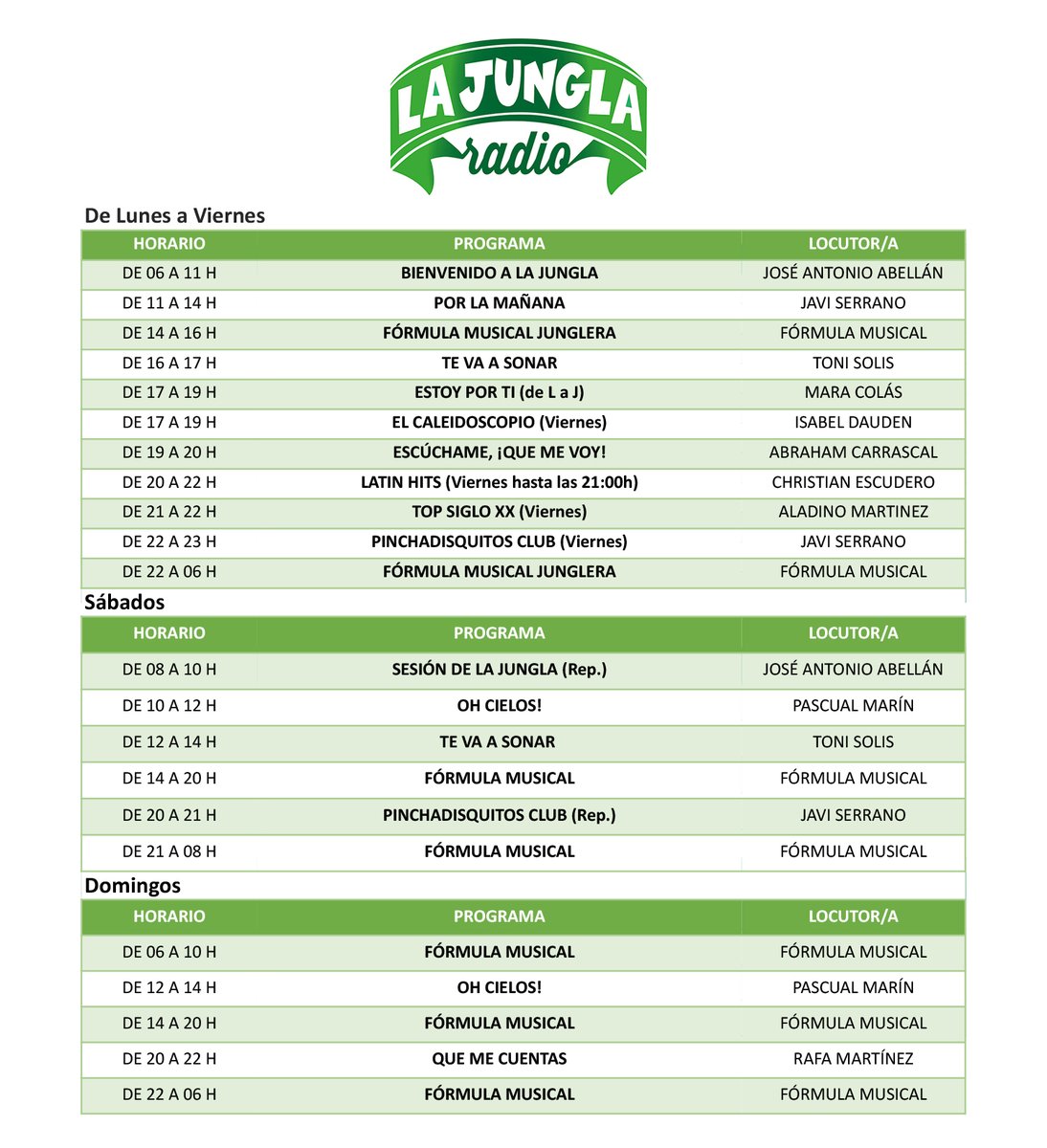 LaJunglaRadio's tweet photo. ⚠️ Querido Junglero: ¡Aquí tienes la programación para la nueva temporada de #LaJunglaRadio! 📻💚 ¡Comparte! https://t.co/OX0YNlOOXX