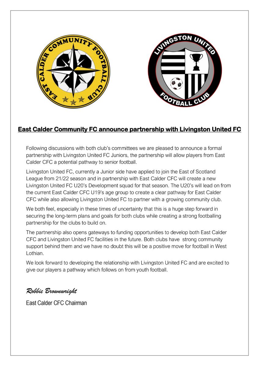 EastCalderCFC's tweet photo. Club statement about our exciting partnership with @Livingston_utd https://t.co/uJv3XgJr8X
