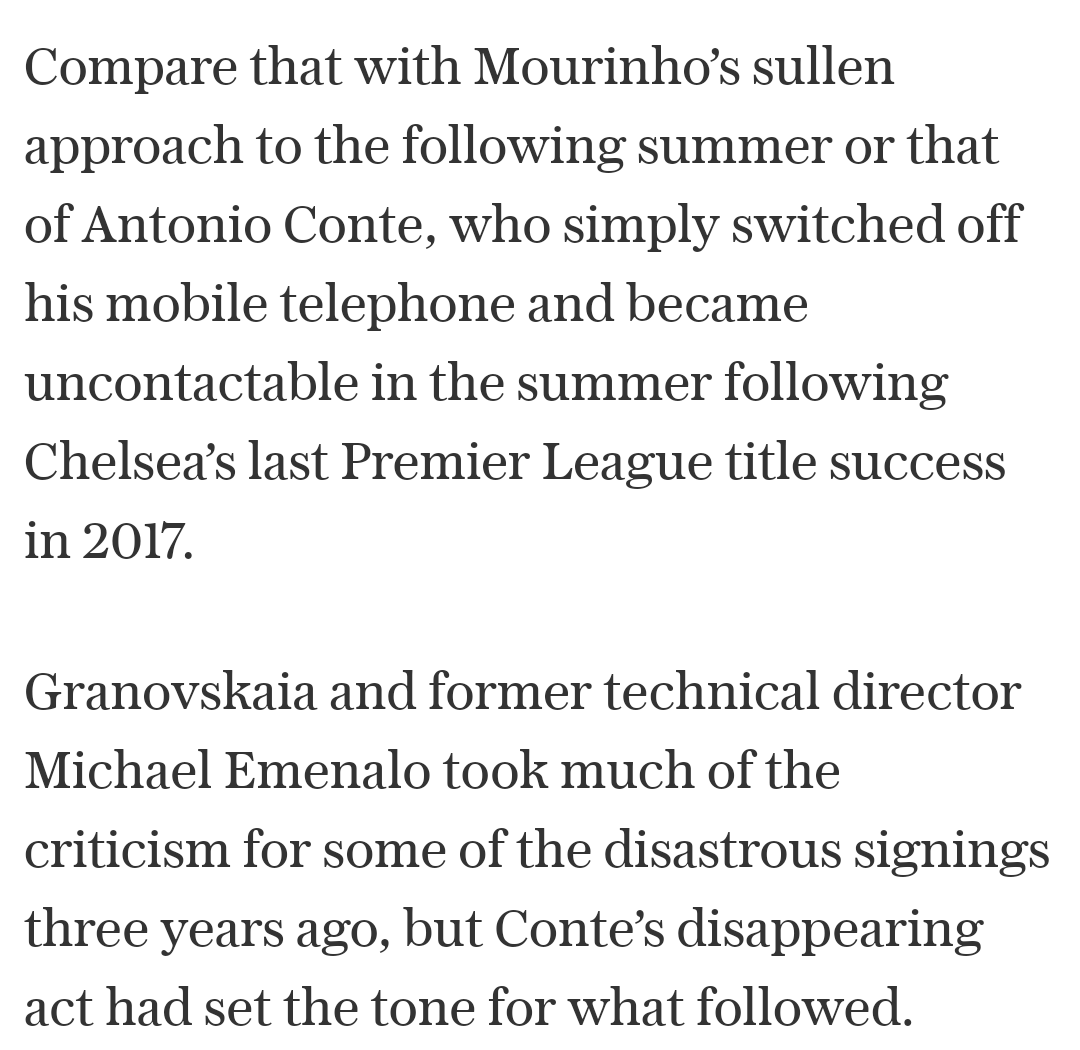 CHELSEA 17/18:~After winning PL, He switched off his phone which meant that Chelsea missed out on important targets like Tolisso etc & threw his toys out of the pram.~Conte signed a new contract (declined an extension) which meant he'd be paid more~Worst window under Roman