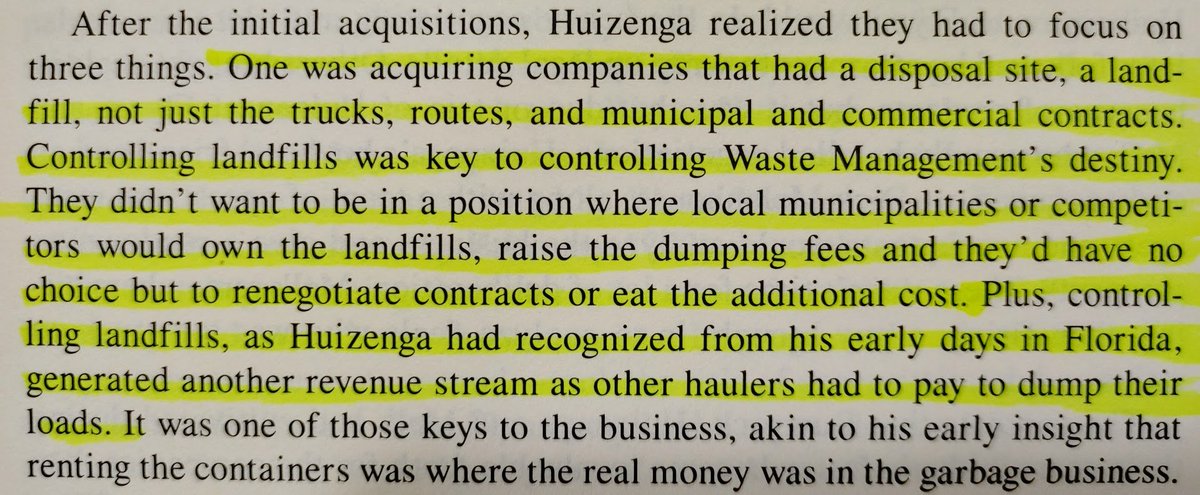 7/ Any company following the acquisition strategy, needs to understand the real drivers of the profitability in the industry. For waste management, this was finding companies who owned the landfills, not just a fleet of trucks and route contracts.