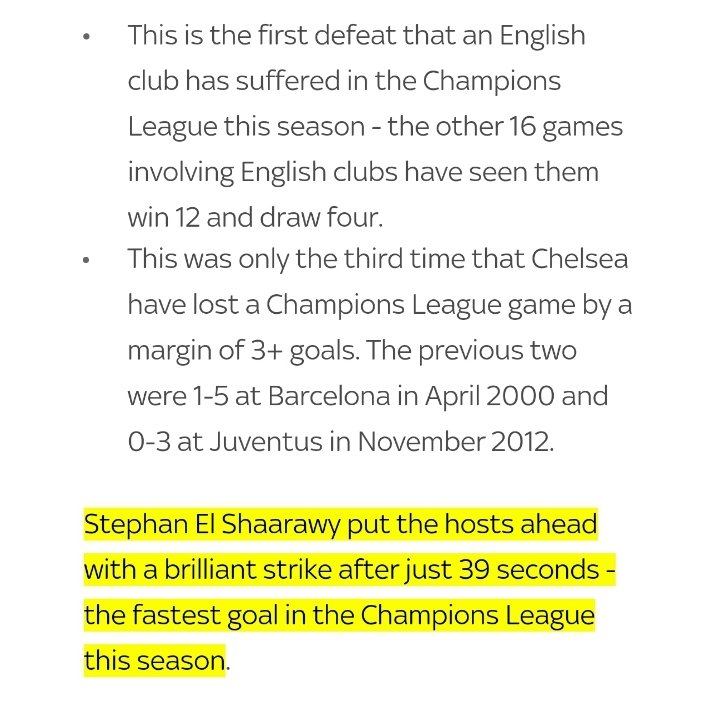 17/18 (CL GROUP STAGE):~Chelsea were then spanked & humiliated in Rome as El Shaarawy & co. sank Conte's team.~Chelsea put a spineless performance as Conte looked a shadow of himself.~This was one of Chelsea's biggest defeats in CL.[ROMA 3-0 CHELSEA]