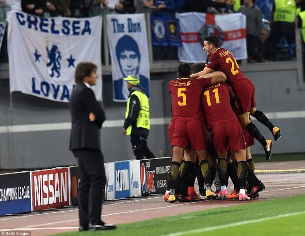 17/18 (CL GROUP STAGE):~Chelsea were then spanked & humiliated in Rome as El Shaarawy & co. sank Conte's team.~Chelsea put a spineless performance as Conte looked a shadow of himself.~This was one of Chelsea's biggest defeats in CL.[ROMA 3-0 CHELSEA]