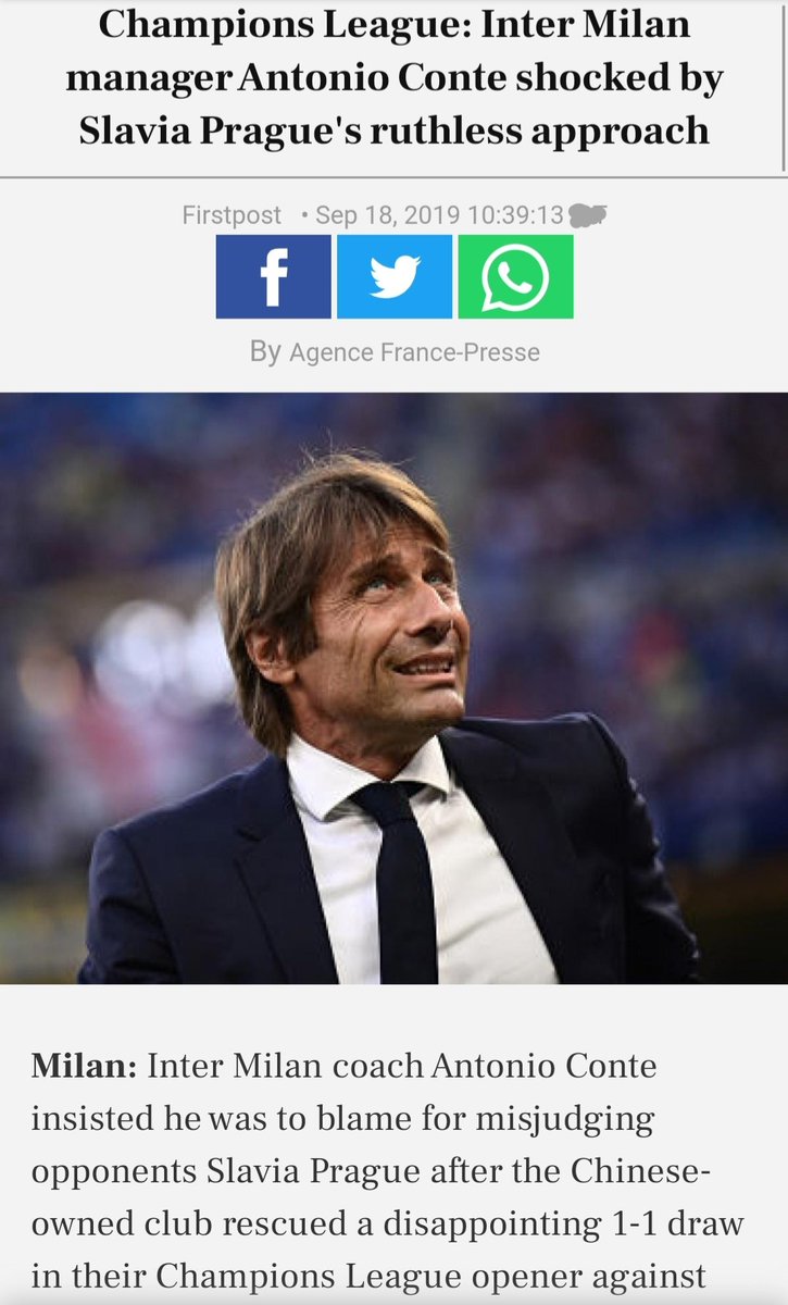 19/20 (CL GROUP STAGE):~Inter began the CL campaign awfully as they got a LUCKY (1-1) draw vs Slavia Prague in Milan w/ last minute equaliser~Inter threw away a goal lead as Barca smashed them all over the park in 2nd half.~CONTE, AS PER, BLAMED THE REF.[BARCA 2-1 INTER]