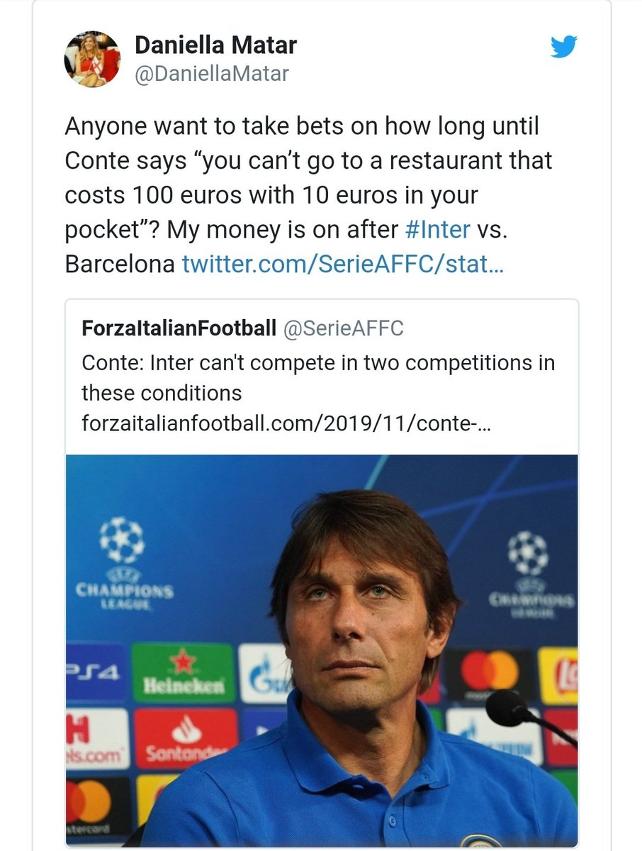 19/20 (CL GROUP STAGE):~Going into the last Group match, Inter needed a win vs Barca (MINUS MESSI, SUAREZ, MATS, BUSQUETS, DE JONG)~Inter slumped to (1-2) loss AT HOME vs BARCA B.~Conte was dumped in Europa AGAIN.~CONTE, AS PER, BLAMED INTER MANAGEMENT FOR CL DISASTER.