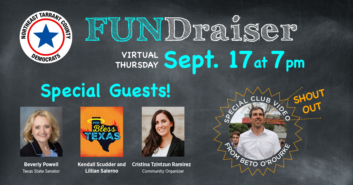 Join our 2020 fundraiser benefiting Tarrant County Dem candidates! Special guests include NET Dems fave <a href="/beverlypowelltx/">Senator Beverly Powell</a>, the hilarious <a href="/podblesstexas/">Pod Bless Texas</a> hosts, the inspiring <a href="/cristinafortx/">Cristina Tzintzún Ramirez</a> and a special shoutout from <a href="/BetoORourke/">Beto O'Rourke</a>!
RSVP here for event link:
secure.actblue.com/donate/2020net…