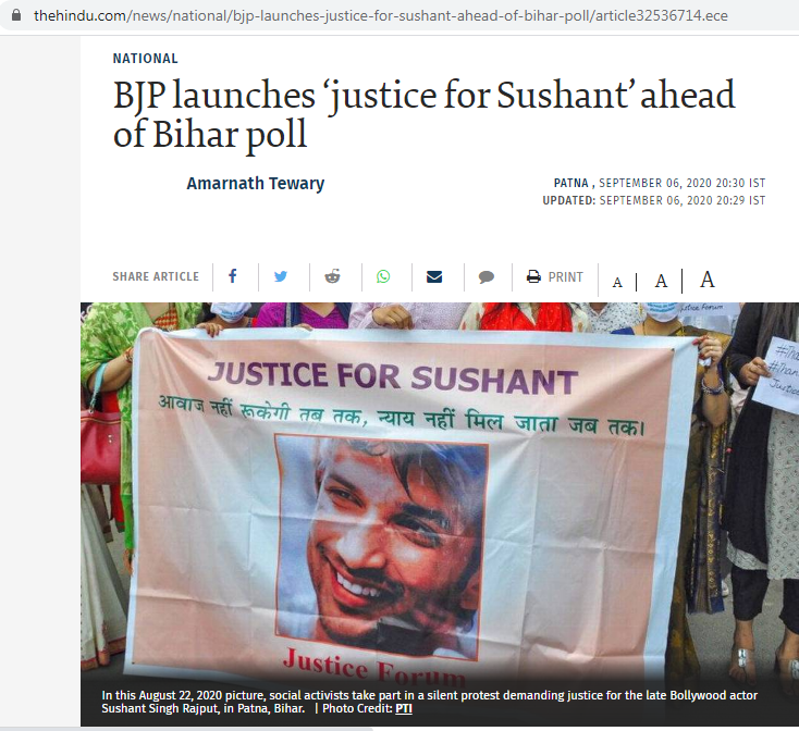 06-Sep-20BJP launches ‘justice for Sushant’ ahead of Bihar poll https://www.thehindu.com/news/national/bjp-launches-justice-for-sushant-ahead-of-bihar-poll/article32536714.eceAs elections near, culture wing of Bihar BJP releases ‘justice for Sushant Singh Rajput’ posters,masks  https://www.timesnownews.com/india/article/as-elections-near-culture-wing-of-bihar-bjp-releases-justice-for-sushant-singh-rajput-posters/648588bjp/swamy's gas news get a shape now.
