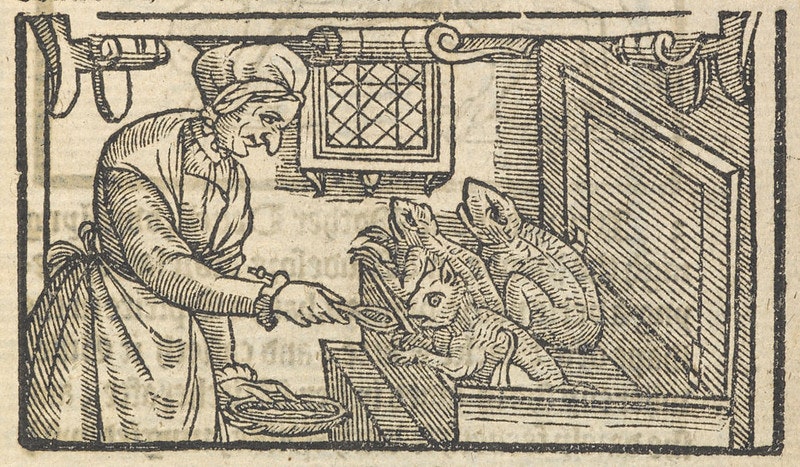 hearthspell's tweet photo. A woodcut illustration showing a witch feeding her familiars with blood, from the pamphlet "A Rehearsall both Straung and True, of Hainous and Horrible Actes Committed by Elizabeth Stile" (1579) https://t.co/yjVUvSKfZY