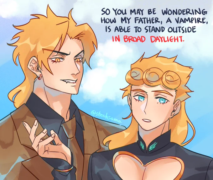 As promised, an explanation of why Dio isn't burning up in the sun ☀ It's a combination of some creative liberty and "Dio bad but he can have a little sunlight, as a treat"

『Mafia Dio AU』 